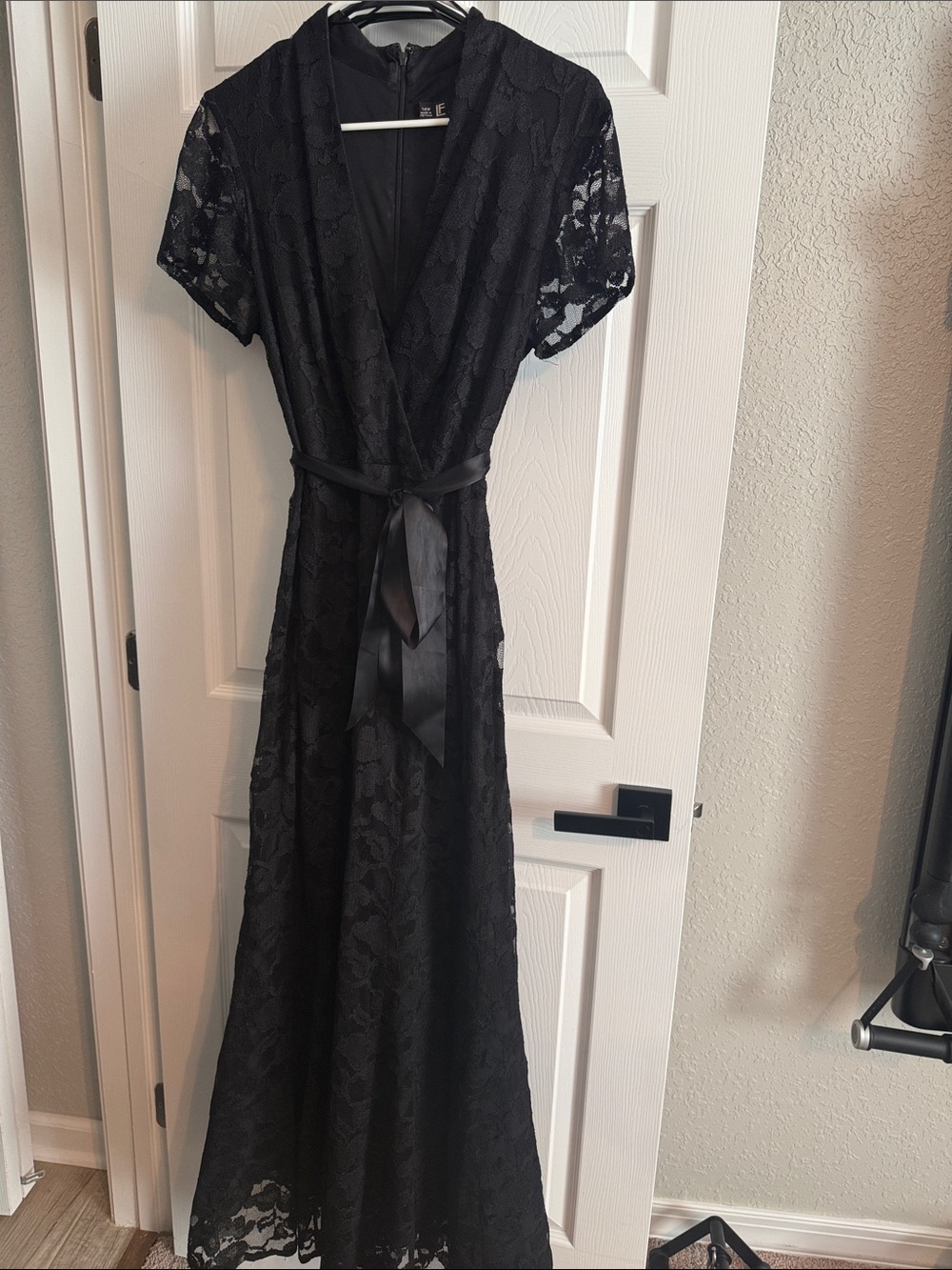 Black Lace Wrap Formal Dress with Satin Waist Tie